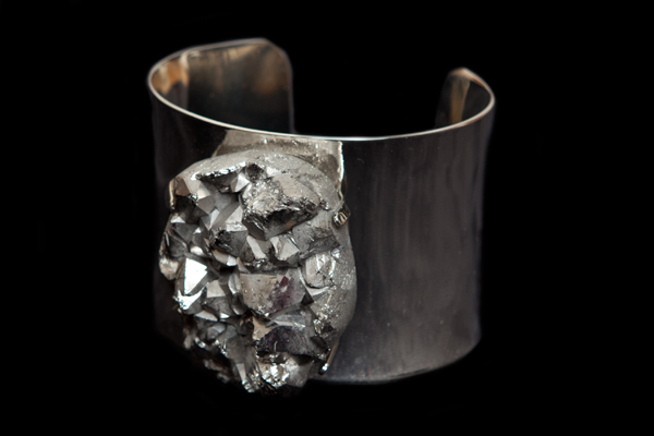 Silvered Metal Open Cuff With A Large Peruvian Pyrites Oval Nugget Centre