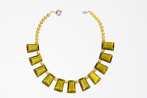 Green Glass Facetted Rectangle Drops And Facetted Round Spacers Necklace