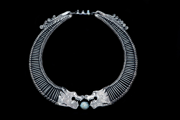 Miao Silvered Metal Striped Bands 'Dragon Heads' Necklace