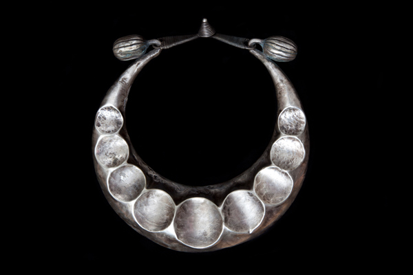Miao Silvered Metal Ceremonial Hollow Torque Necklace Decorated With Nine Smooth Circular Craters
