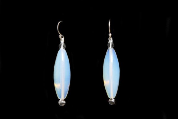 Opalite Glass Long Oval Earrings With Round Rock Crystal Beads At Each End