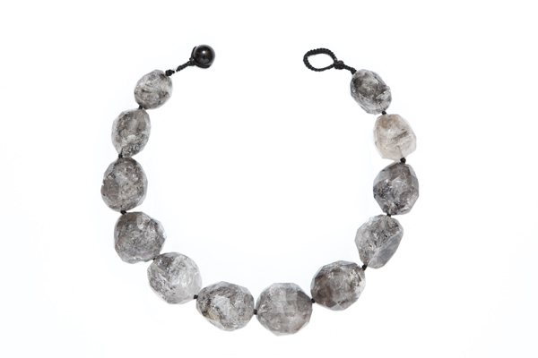 Brazilian Grey And Clear Rutilated Quartz Large Facetted Oval Beads Necklace