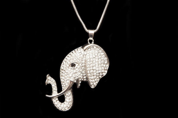 Silvered Metal Elephant Head Pendant Necklace, Inlaid With Clear Facetted Glass Cabochons