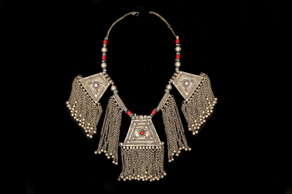 Afghan Silvered Metal Nomadic Tribal Three Tasseled Pendants LongNecklace