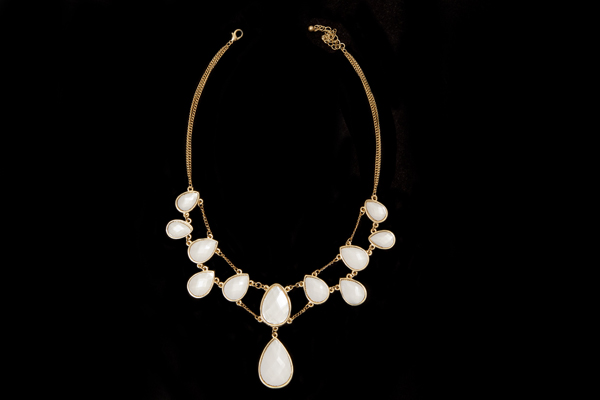 Twelve 'Moonstone' Facetted Glass Teardrops On A Golden Metal Chains Two Strand Necklace