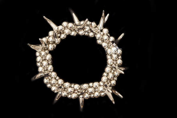 Silvered Metal Spikes And Small Round Beads Elasticated Bracelet