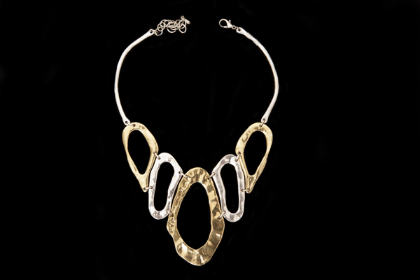 Golden And Silvered Metal Large Flat Irregular Shaped Five Graduated Loops Necklace