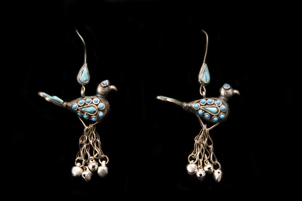 Silvered Metal Bird Earrings, Inlaid With Turquoise Cabochons And Four Silvered Metal Bell Pendants