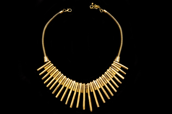 Golden Metal Long And Short Tubular Drops On A Golden Metal Snake Links Chain NecklaceNecklace
