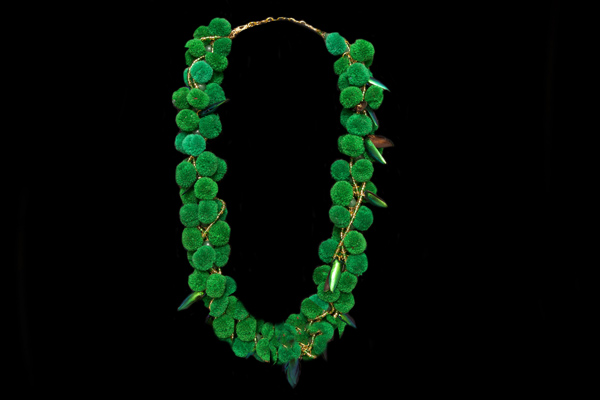 A Thai Green Cotton Pom-Poms On A Golden Metal Long Chain Links Necklace
