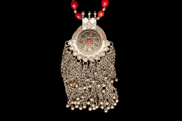 Long 'Tribal' Necklace Composed Of Silver Beads, Glass Beads, And An Afghan Silvered Metal Pendant
