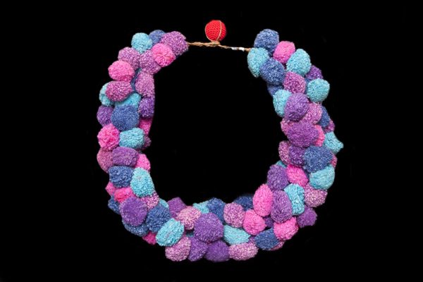 Thai Purple, Mauve, Turquoise, Pink, And Blue Cotton Pom-Poms Four Strand Bunched Necklace