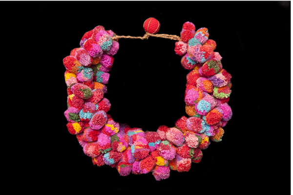 Thai Multi-Coloured Cotton Pom-Poms Four Strand Bunched Necklace