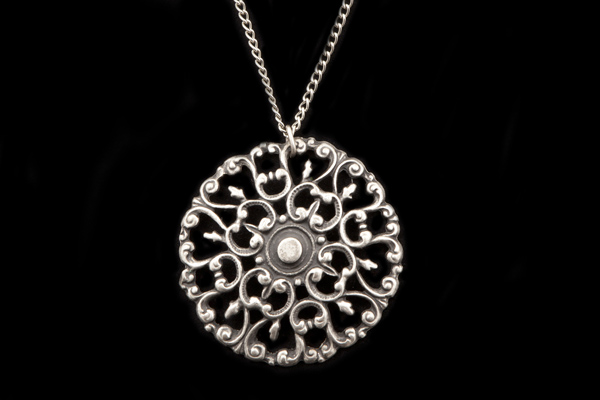 Dark Silvered Metal Large Circular Filigree Pendant On A Silvered Metal Chain Links Long Necklace