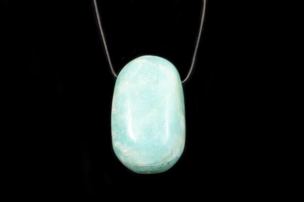 Amazonite Large Oval Pendant Suspended From A Black Leather Thong Necklace