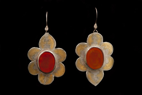 Afghan Tribal Flower Earrings Of Brass And Silvered Metal, With Cornelian Oval Centres