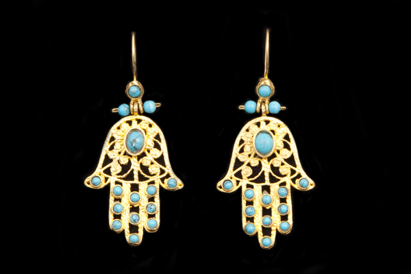 Afghan Gold Plated 'Hand Of Fatima' Filigree Earrings, Inlaid With Turquoise Round Cabochons