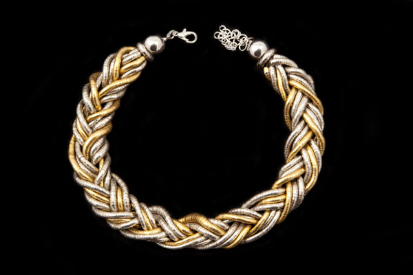 Golden And Silvered Metal Interlocking Coiled Bands Necklace