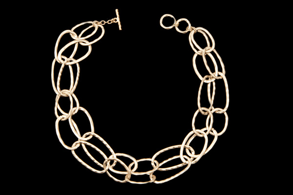 Golden Metal Large Mixed Sized Battered Oval Links Two Strand Necklace