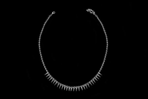 Silvered Metal Small Smooth Tapered Drops Necklace Inlaid With Small Clear Glass Facetted Cabochons