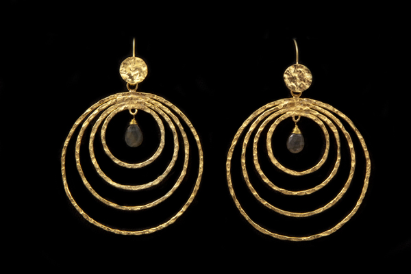 24ct. Gold Plated Textured Surface Four Hoops Earrings With Labradorite Facetted Teardrop Pendants