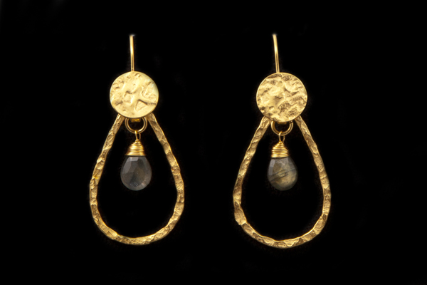 24ct. Gold Plated Textured Surface Teardrop Earrings With Labradorite Facetted Teardrop Pendants