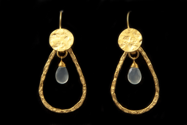 24ct. Gold Plated Textured Surface Teardrop Earrings With Aquamarine Facetted Teardrop Pendants