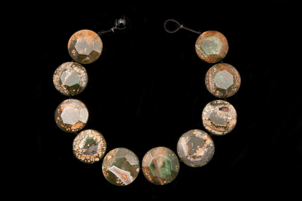Green, Orange And Brown Dyed Patterned Agate Large Facetted Circular Beads Knotted Necklace