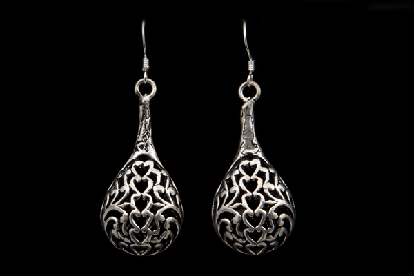 Silvered Metal Long Drops Earrings Decorated With A Filigree Scrolled Leaves Pattern