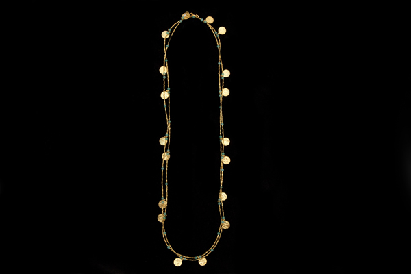 Gold Plated Small Beads, Textured Discs, And Amazonite Round Beads Very Long Necklace