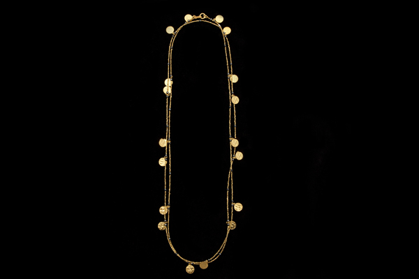 Gold Plated Small Facetted Beads, Textured Discs And Hematite Round Beads, Very Long Necklace