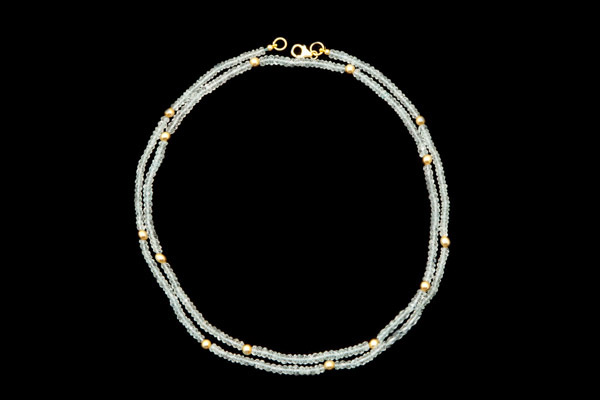 Aquamarine Small Facetted Button Beads And Gold Plated Round Beads Very Long Necklace