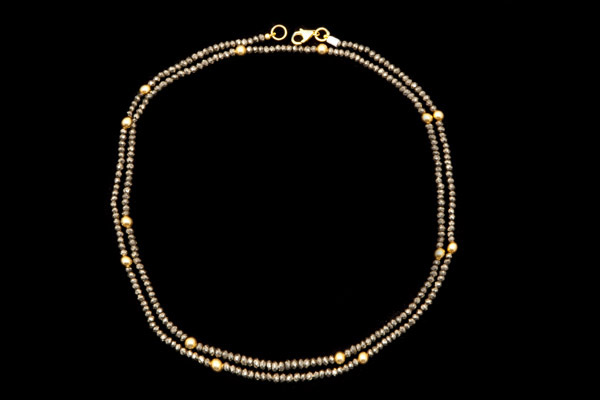 Peruvian Pyrites Small Facetted Button Beads And Gold Plated Small Round Beads Very Long Necklace