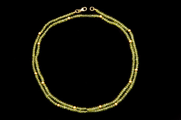 Peridot Small Facetted Button Beads And Gold Plated Round Beads Very Long Necklace