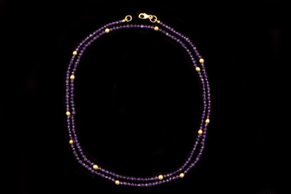 African Amethyst Small Facetted Button Beads And Gold Plated Small Round Beads Very Long Necklace