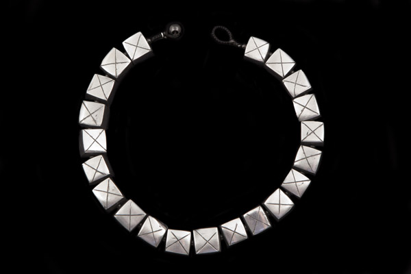 Silvered Metal Cross Patterned Square Beads Necklace, With Black Agate Small Round Bead Spacers