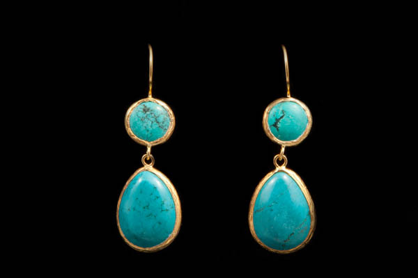 Gold Plated Two Pendants Earrings Inlaid With Turquoise Cabochons