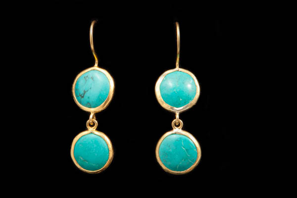 Gold Plated Two Linked Circular Drops Earrings, Each Drop Inlaid With A Circular Turquoise Cabochon