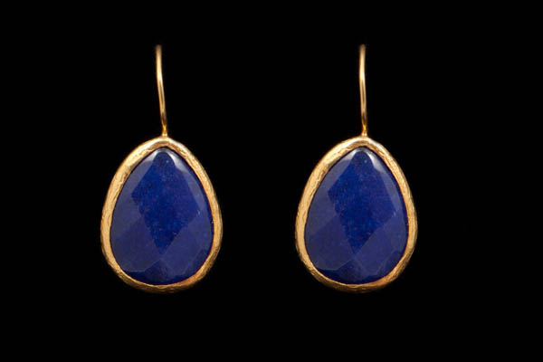 Lapis Lazuli Facetted Teardrop Earrings With Gold Plated Hammered Rims