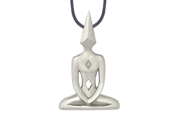 The Meditator. A White Metal Pendant Suspended From A Navy Blue Waxed Adjustable Cord Necklace