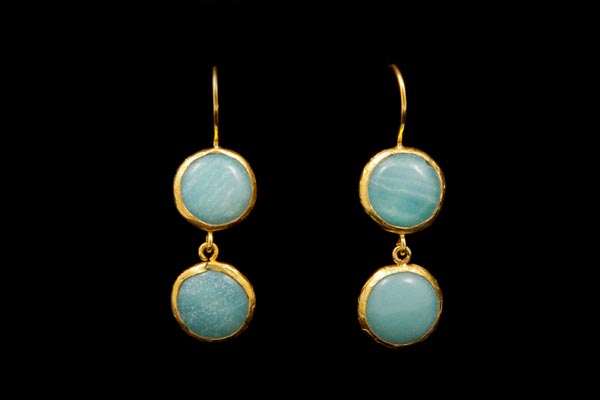 Gold Plated Two Linked Circular Drops Earrings, Each Inlaid With Amazonite Circular Cabochons