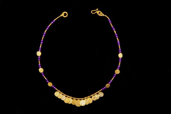 Gold Plated Small Circular Patterned Discs And Brazilian Amethyst Facetted Round Beads Necklace