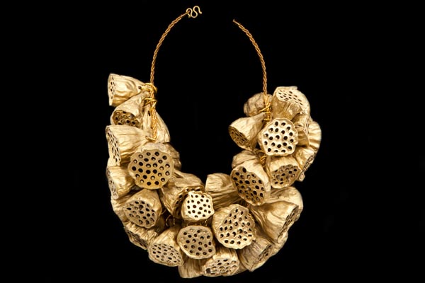 Thai Gold Painted Large Dried Sunflower Heads, On A Golden Glass Small Beads Twisted Bands Necklace