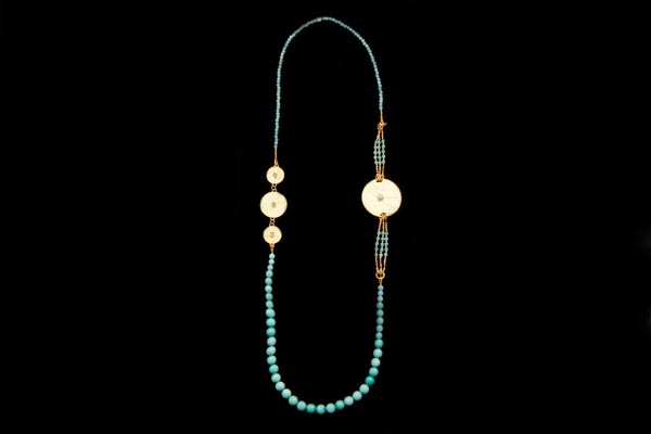 Amazonite Round Facetted Beads Long Necklace, Decorated With Four Gold Plated Discs