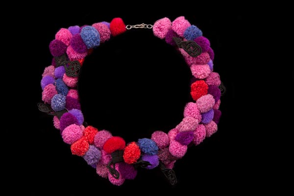 Thai Pink, Mauve, Purple, Orange, Red, And Blue Wool Pom Poms Bunched Necklace