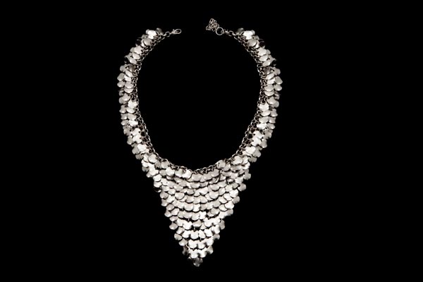 Silvered Metal Chain Links Triangular Necklace, Decorated With Silvered Metal Small Circular Discs