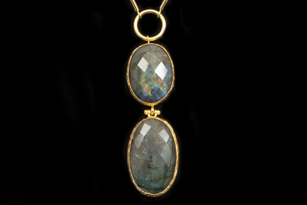 Two Gold Plated Madagascar Labradorite Oval Pendants, Suspended From A Two Curved Bars Necklace