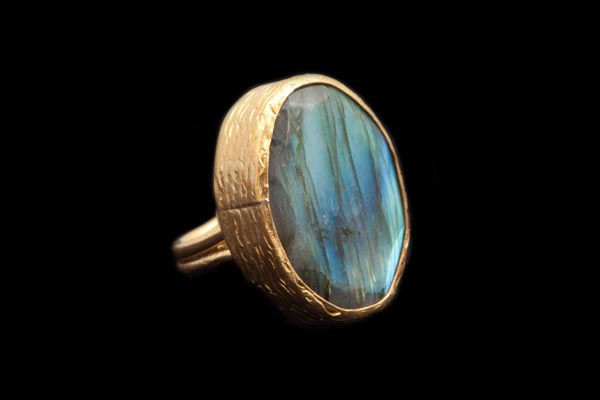 Gold Plated Large Oval Deep Sided Ring Inlaid With A Madagascar Labradorite Oval Facetted Cabochon