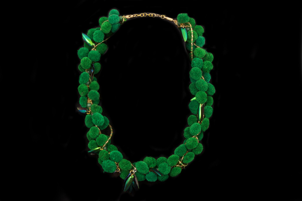 Green Wool Pom Poms Long Necklace, Decorated With Green Beetle Backs And Green And Gold Glass Beads