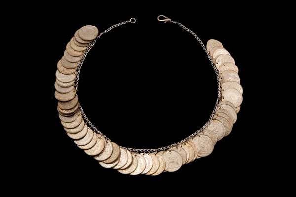 Silvered Metal French Twenty Centimes Coin Pendants On A Silvered Metal Chain Links Long Necklace.